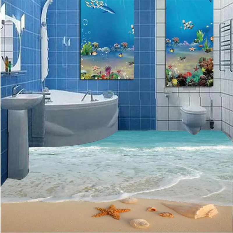 

beibehang HD blue shells beach scenery Waterproof Bathroom kitchen balcony PVC Wall paper Self floor mural 3D wall sticker