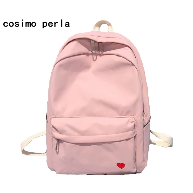 Cute Plain Nylon Backpacks for School Teenage Girls Korean Style Solid Color Embroidery Heart Pink Laptop Backpack Female Travel