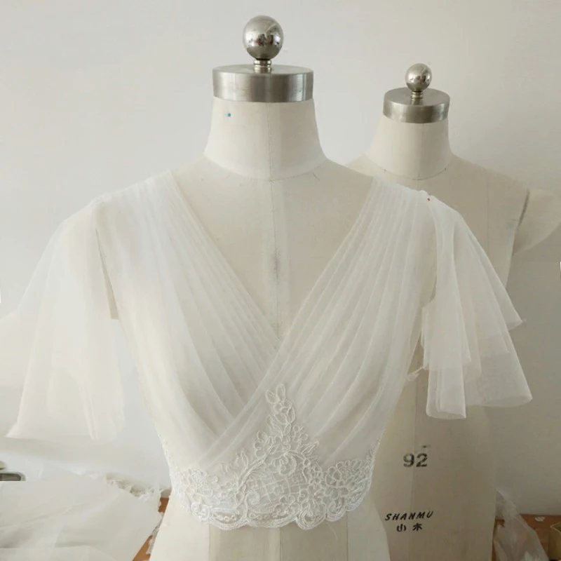 

Short Sleeves wedding jacket V-neck Pleated Tulle Bridal bolero jackets for Bridal Party Coat Appliques Bridal Jacket Customized