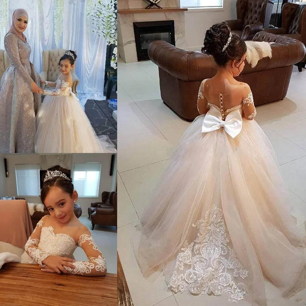 2021 Latest Cute Jewel Flower Girl Birthday Dresses Ball Gown Sheer Neck Long Sleeve With Lace Applique Kids Girls Pageant Dress