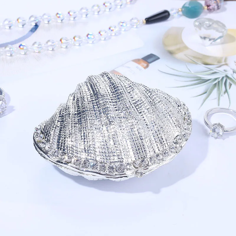 H&D Silver Mussel Hinged Trinket Box Wedding Ring Holder Metal Seashell Figurine for Ring Display