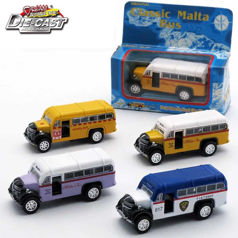 1/64 skala Diecast Classic Mini Malta Bus, zabawki dla dzieci, 5cm metalowy samochód dla dzieci/chłopców jako prezent/pamiątka z funkcją wycofania