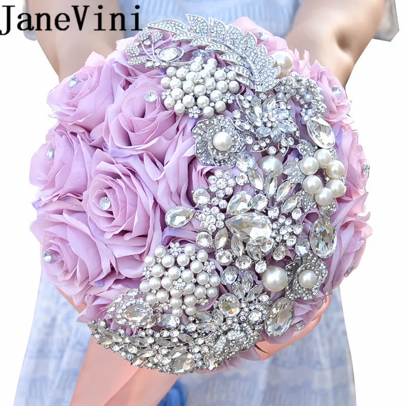 JaneVini Luxury Purple Bridal Hand Bouquets Artificial Silk Roses Bling Rhinestone Pearls Wedding Fake Flower Bouquet for Bride