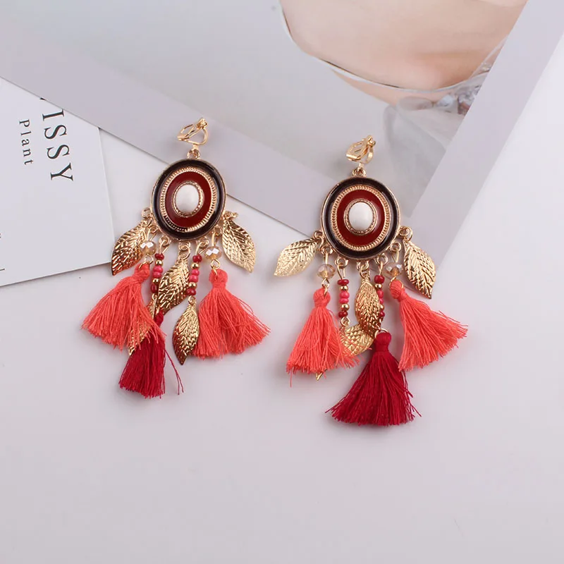 Bohemian Tassel Clip Earrings No Piercing for Women Wedding Party Acrylic Beads Statement Earrings Long Vintage Fringing Jewelry