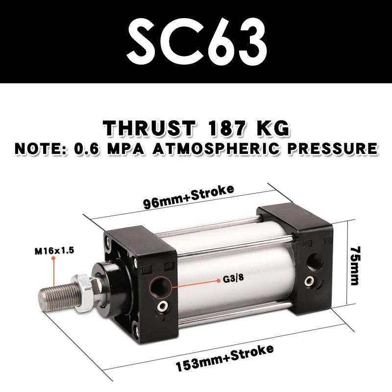 SC63 standard cylinder long stroke compression air compressor with pull rod sc63x25x50x75x100X150x175X200X250x300s with magnetic