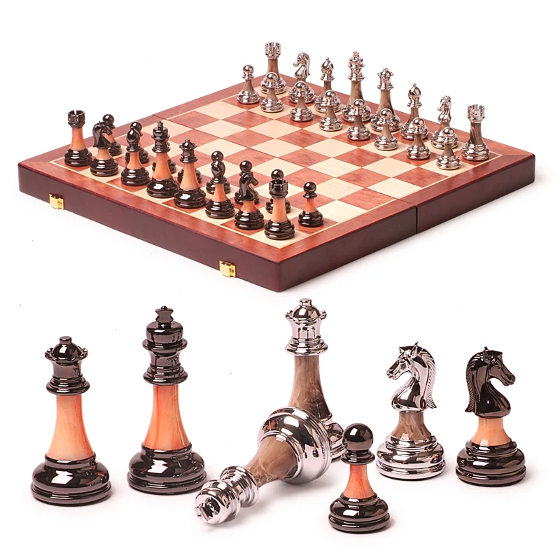 BSTFAMLY wooden chess set game, portable game of international chess, folding chessboard imitation jade ABS chess pieces ,LA8