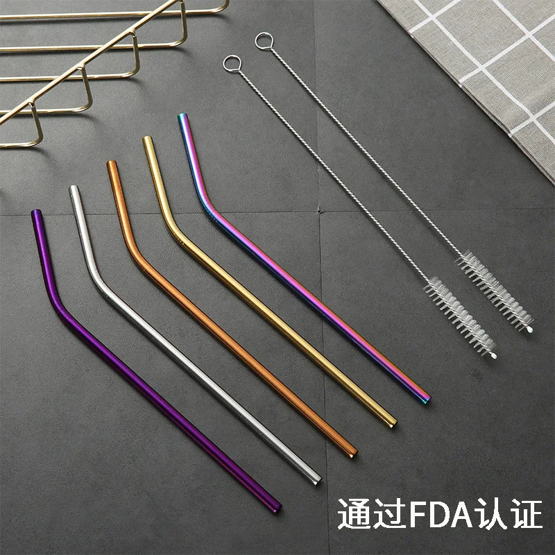 600pcs 215mm*6mm Colorful Straw 304 Stainless Steel Straws Reusable Bent Metal Drinking Straw with Cleaner Brush lin4572