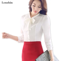 Lenshin-Camisa de manga larga para mujer, blusa blanca ajustada con lazo para oficina, tops femeninos de otoño