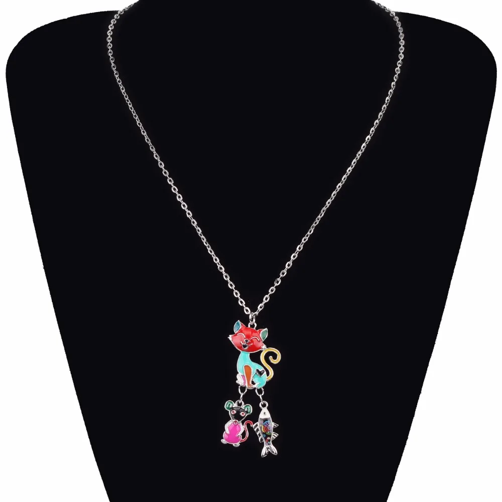 Bonsny Statement Chain Enamel CAT Mouse Fish Cartoon Necklace Pendant Fairy Tale Fashion Jewelry For Women Girl Kids Gift Charms