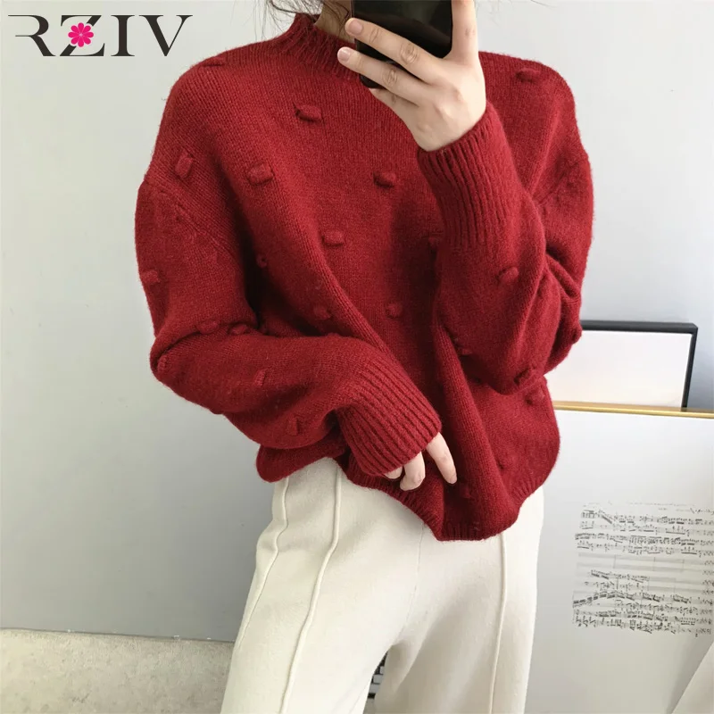 RZIV Autumn women sweater casual solid color knitted sweater round neck long-sleeved sweater crochet design