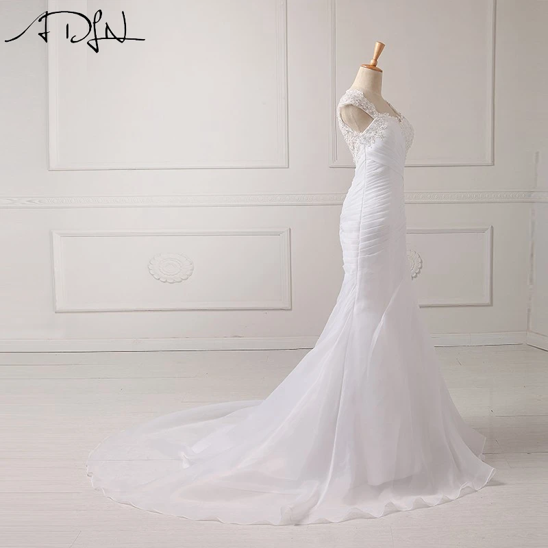 ADLN eleganckie suknie ślubne syrenka z zakładką krótki kimonowy rękaw Illusion powrót biały/Ivory Organza suknia ślubna Vestidos de Novia