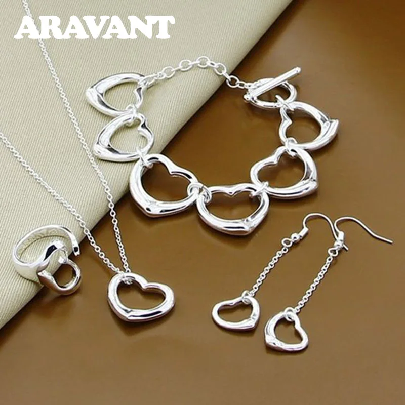 

925 Silver Heart Necklaces Bracelets Open Ring Long Chains Dangle Earrings Set For Women Wedding Fashion Jewelry Gifts