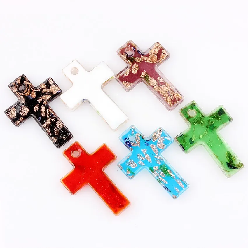 QianBei Wholesale 6pcs Handmade Murano Lampwork Glass Cross Pendant For Necklace P0067