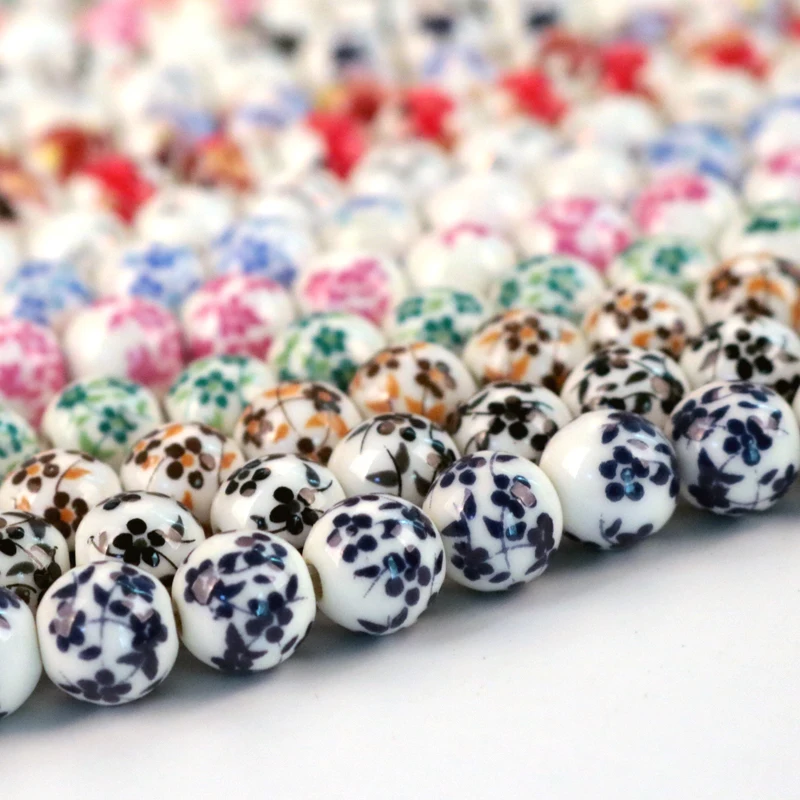 Wholesale 100pcs/lot 8mm 10mm Handmade Round Flower Design Ceramic Porcelain Loose Beads Jewelry Bracelet DIY Beads Accessories