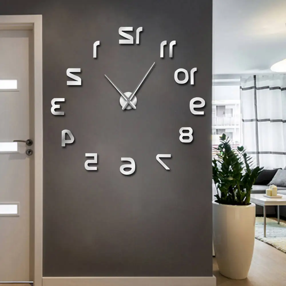 Backwards 3D DIY Large Wall Clock Modern Reverse Numbers Frameless Time Watch Luxury Mirror Effect Big Needle Reverse Clock