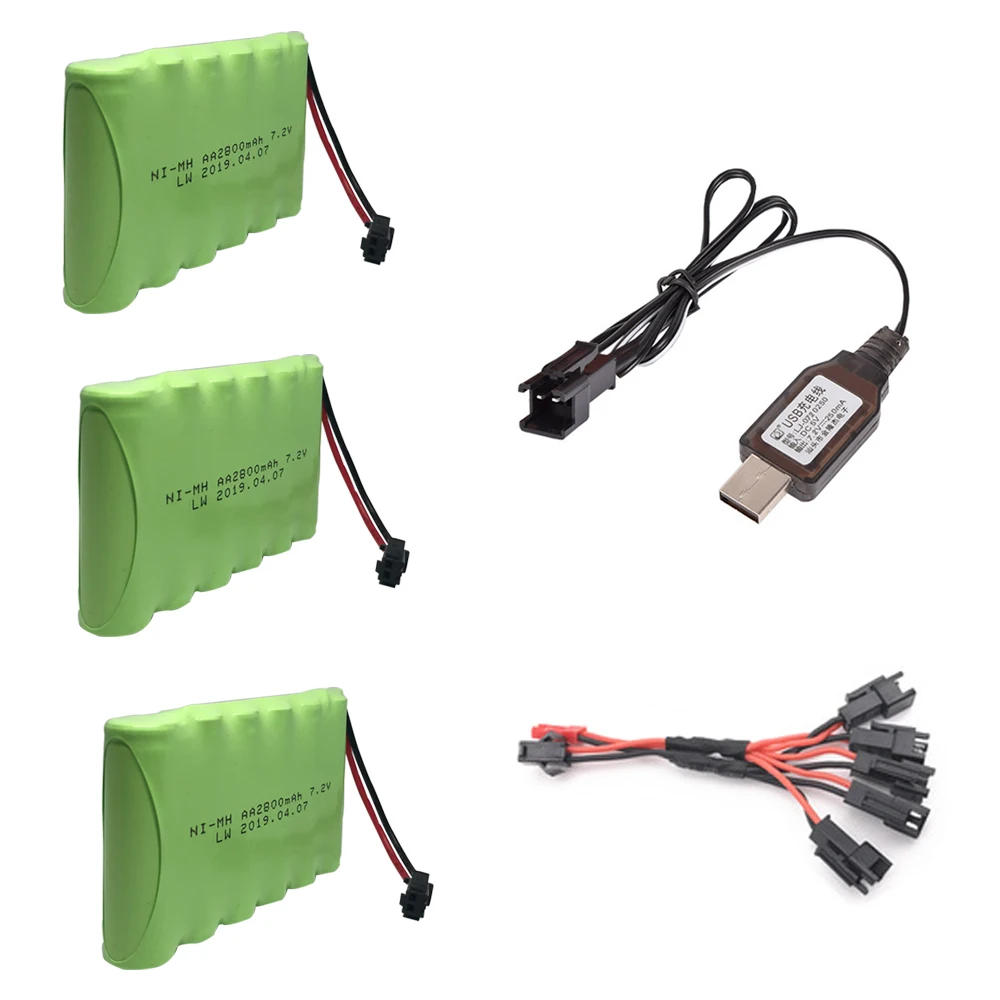 

7.2v 2800mah NIMH Battery pack and USB Charger 5in1 cable set for RC toy Car Boat GUN TANK Truck Train RC toy model 7.2v Battery