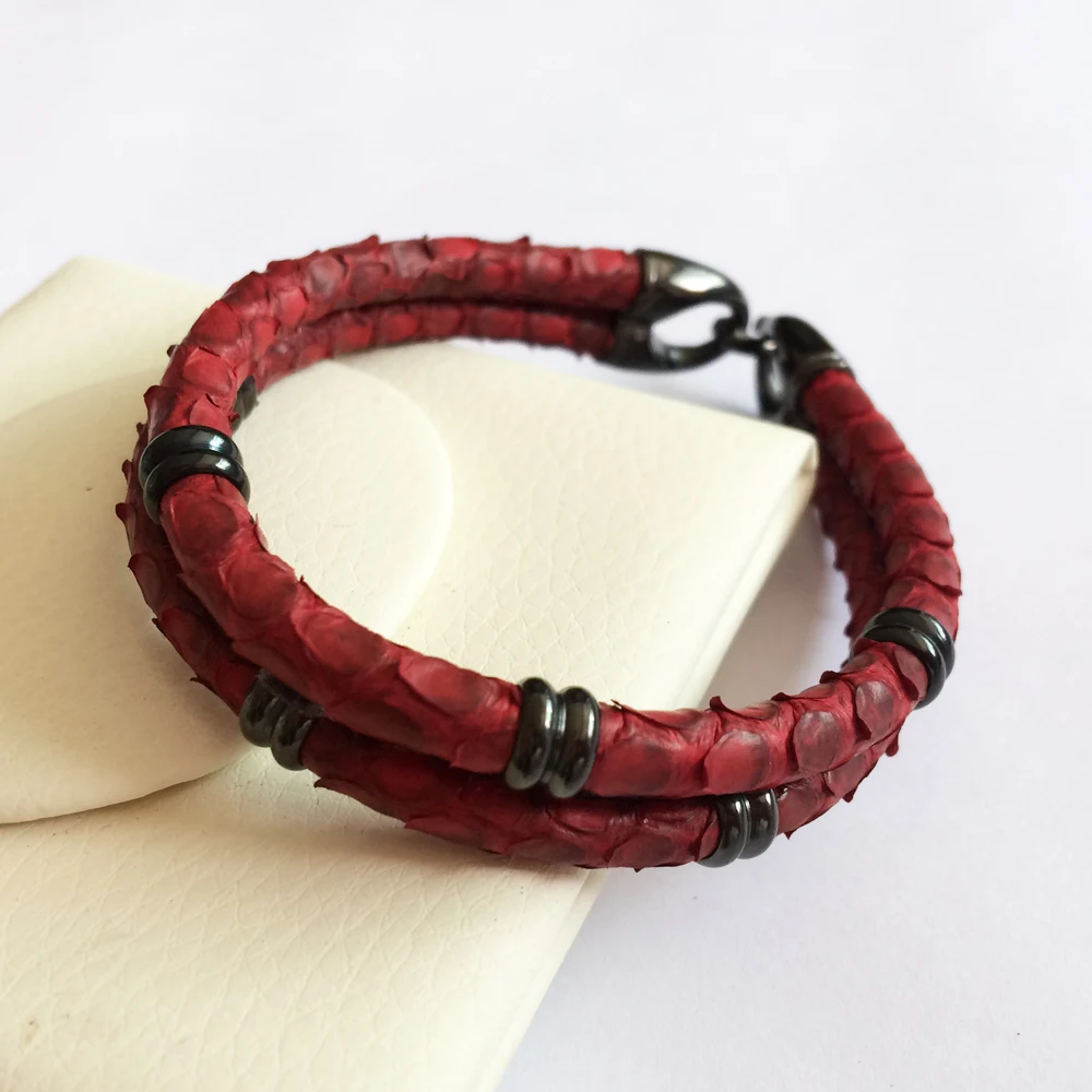 Mens Black Python Skin Leather Bracelets Real Python Skin Leather With Steel Buckle Bracelet With Beads Bracelet