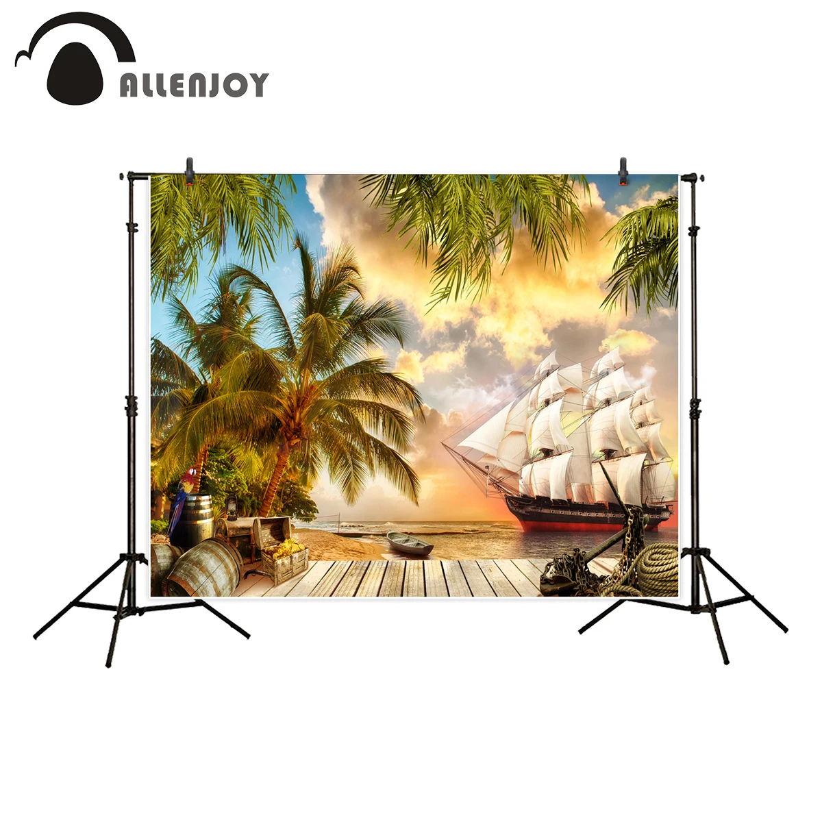 

Allenjoy photography backdrop pirate party Treasure chest coconut tree bucket parrot background photo studio camera fotografica