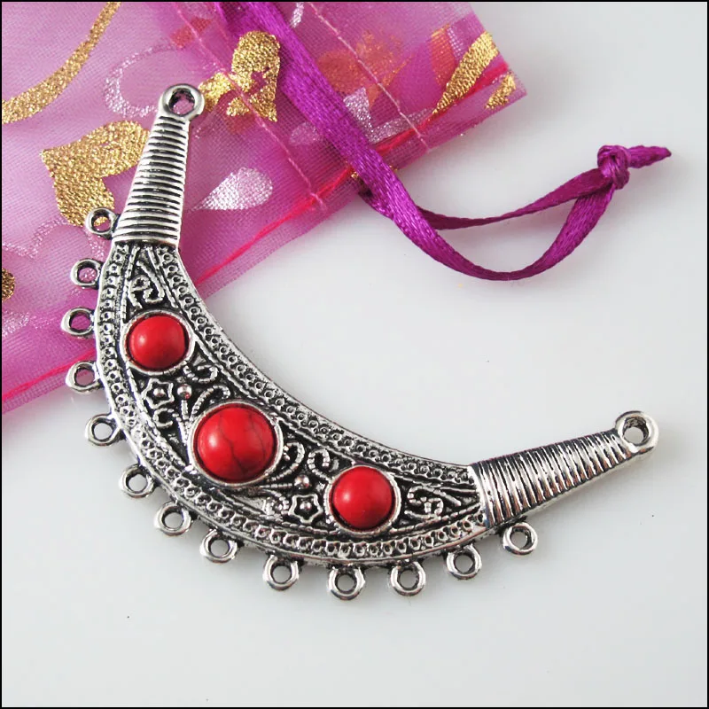 2Pc Retro Tibetan Silver Red Moon Charms Pendants Connectors 40x67.5mm