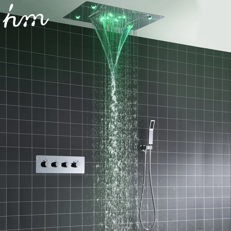 hm Ceiling LED  Shower System Large Waterfall Rainfall Showerhead Set Recessed Automatic Color Change Thermostatic Mixer Faucets