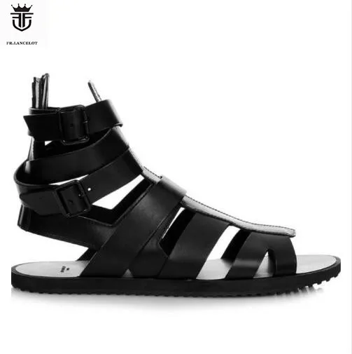 

Real Leather Men Sandals Fr.Lancelot 2020 Flat Heel Summer Gladiator Shoes Fretwork Style Male Holiday Sandals Causal Flat