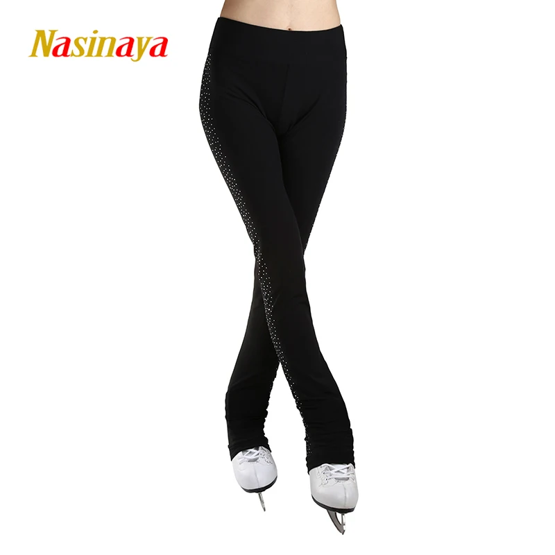 Custom Figure Skating Costume Gymnastics Pants Adult Kids Competition Black Performance Pants Left Leg Rhinestones