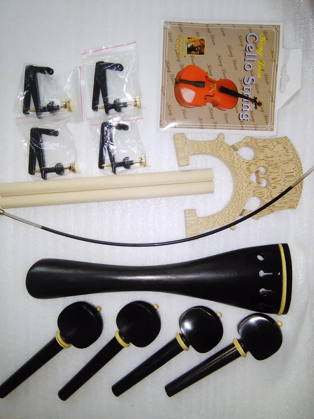 

High Quality Cello Parts 4/4 Ebony tail piece & Ebony pegs with boxwood ring Plus Cello Bridge tuner etc all 4/4 SF20