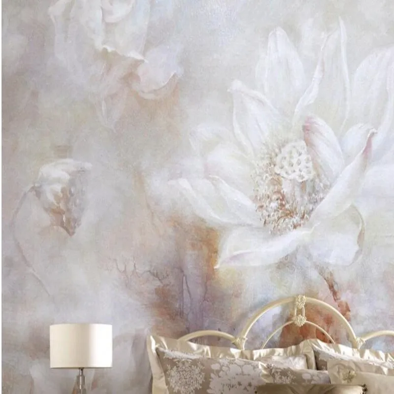 

wellyu Custom large - scale murals nostalgic retro pure white lotus frescoes background wall non - woven wallpaper