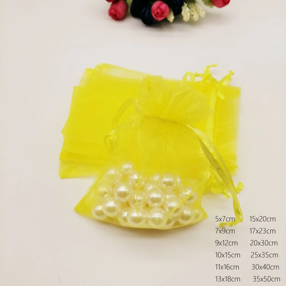 500 pçs saco de organza amarelo com cordão bolsa sacos de jóias presentes para casamento/natal/exibição de jóias sacos de embalagem organizador