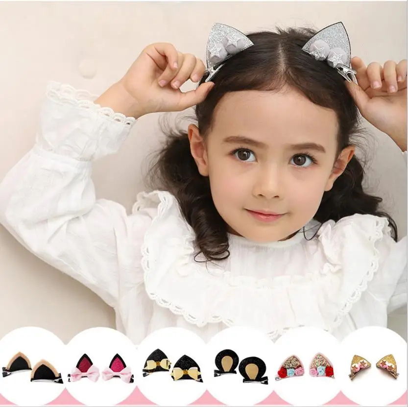 2Pcs Solid cat ears hairpins  Sequins ears hair clips cute rabbit ears shape barrettes girls Bow hair accessories headdress J52