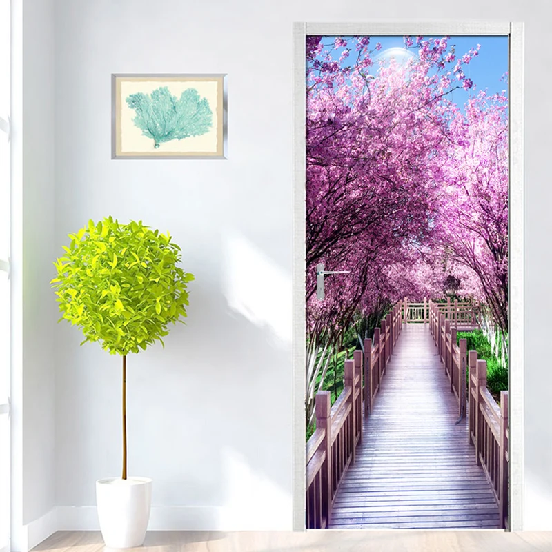 

Modern Minimalist Tree-lined Cherry Blossom Scenery Background Wall Decoration Door Stickers PVC Waterproof Mural 3D Wallpaper