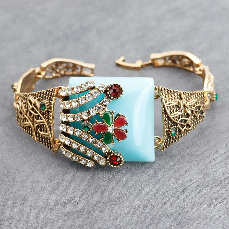 2020 Turkish Vintage Flower Cuff Bracelets For Women Resin Crystal Bangle Bohemia Pastoral Style Natural Stone Jewelry Wholesale