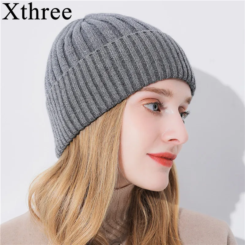 

Xthree Winter Beanie Hat For Women Girl 's Wool Skullies Beanies Glittering Silk Knitted Hat Gorro Cap