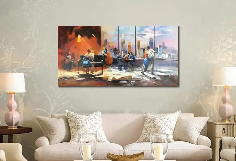 Famous Modern Art Playing Music with View on Skyline Contemporary Paintings on Canvas Large for Living Room Hand Painted