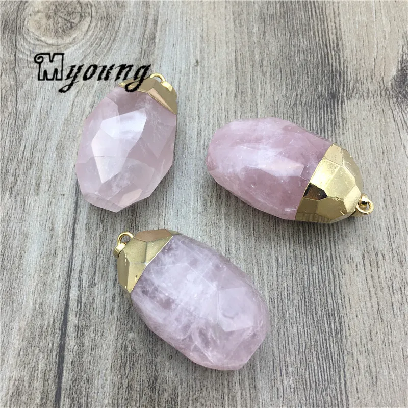 

Faceted Rose Crystal Quartz Pendant Charm,Pink Quartz Druzy Gold Color Cladding Necklace Pendant Jewelry Making MY2065