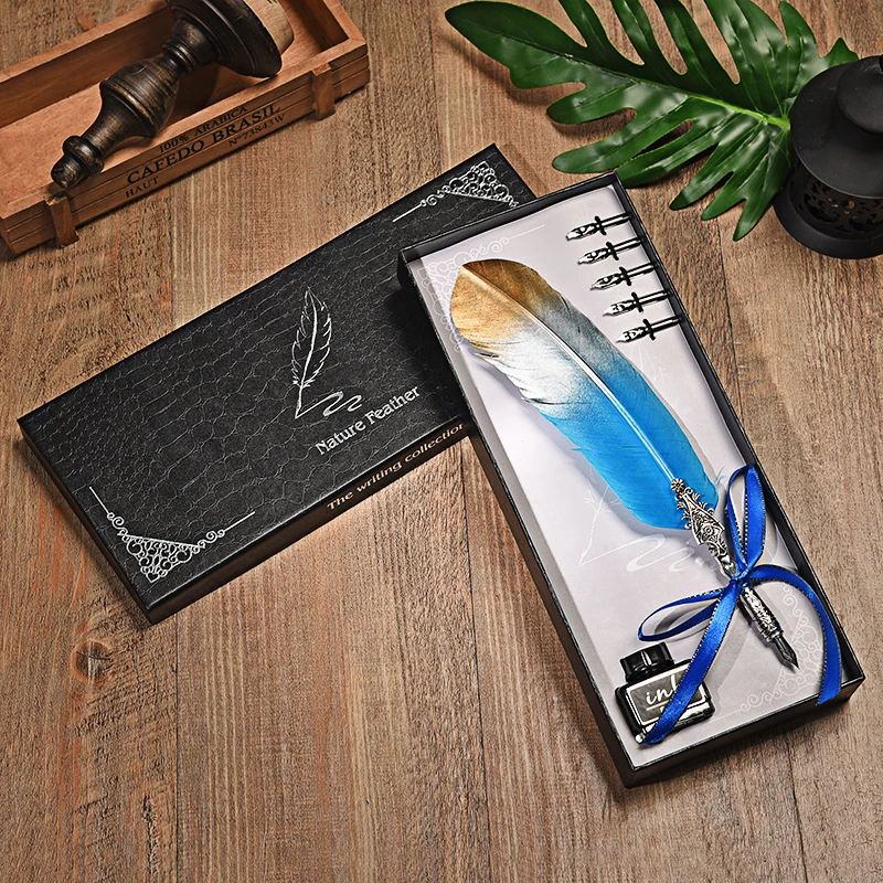 European Style Dip Water Feather Pen Gift Box Set Student Writing Tools Retro Feather Fountai Pen Creative Birthday Gift 5 Nib