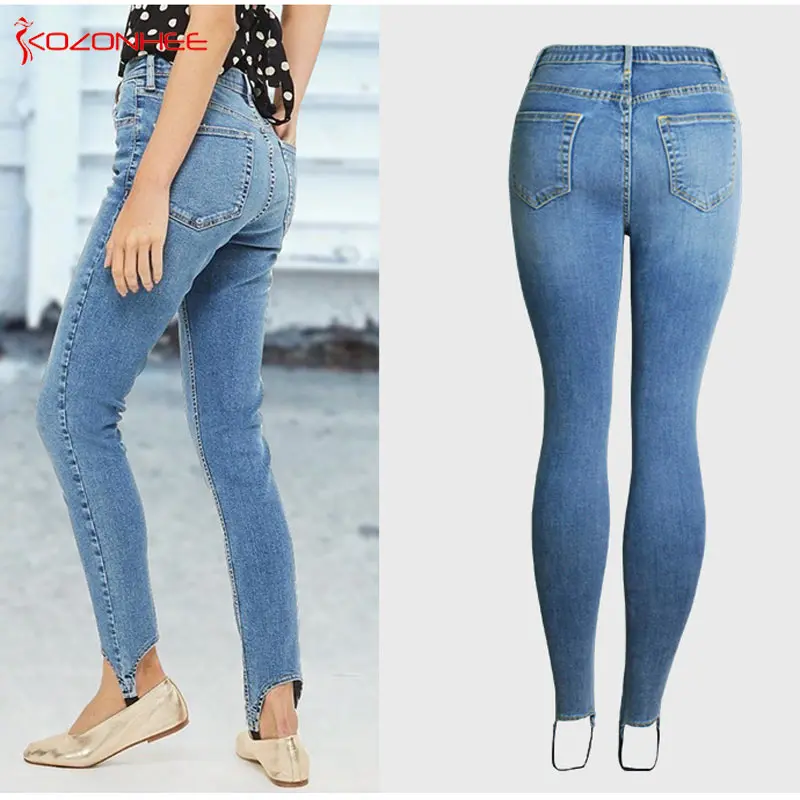 Stretching Skinny Stirrup Jeans Women Elastic Push Up Pencil Jeans  #K096