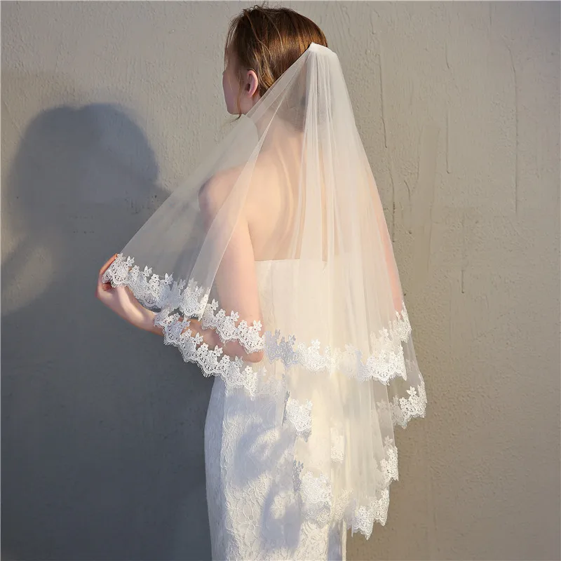 JaneVini – voile de mariée court en Tulle ivoire, Vintage, à deux couches, longueur coude, avec peigne