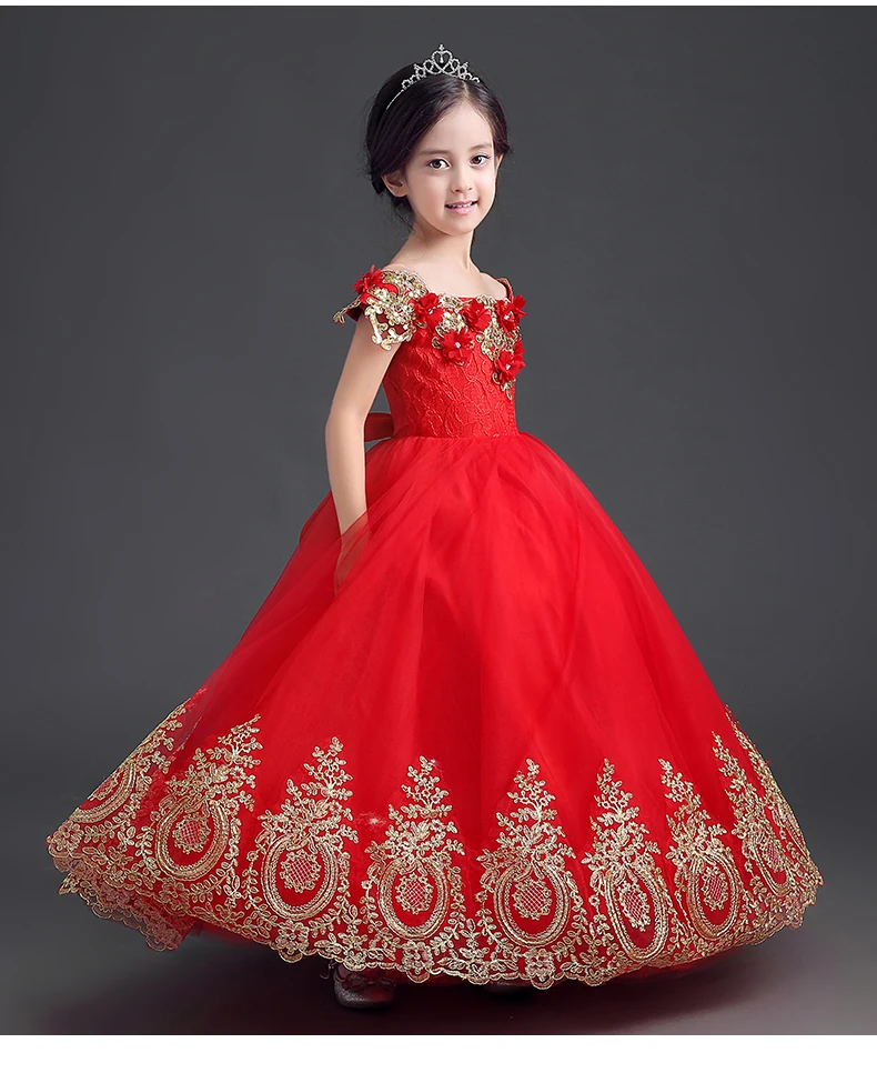 Trailing Flower Girl Dresses For Weddings Red Lace Princess Party Dress Tutu Sequined Appliqued Lace Kids First Communion Gown