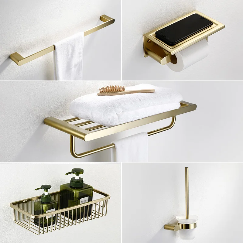 Bathroom Accessories Set Brushed Gold Bath Hardware Set Copper Material Towel Rack,Paper holder Toilet Brush Holder,hooks