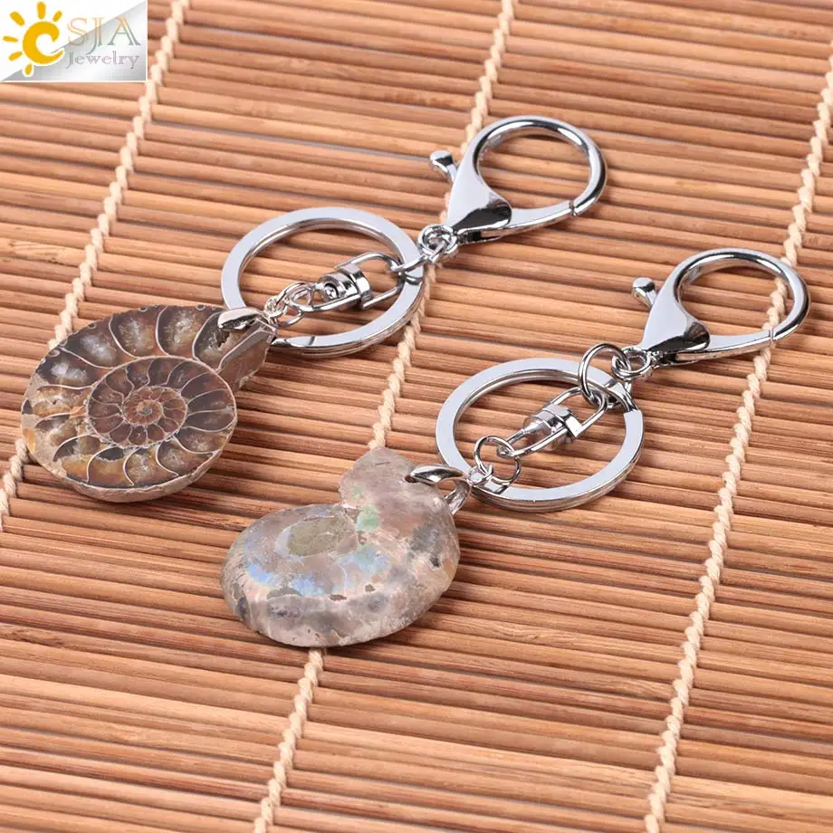 CSJA Motorcycle Car Door Keychains Key Rings Key Holder Lobster for Mens Women Natural Stone Ammonite Animal Shell Pendants F024