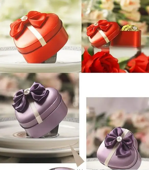 Classic wedding chocolate candy box heart shaped metal gift boxes jewelry tin boxes wedding favors holder with beatiful bowknot