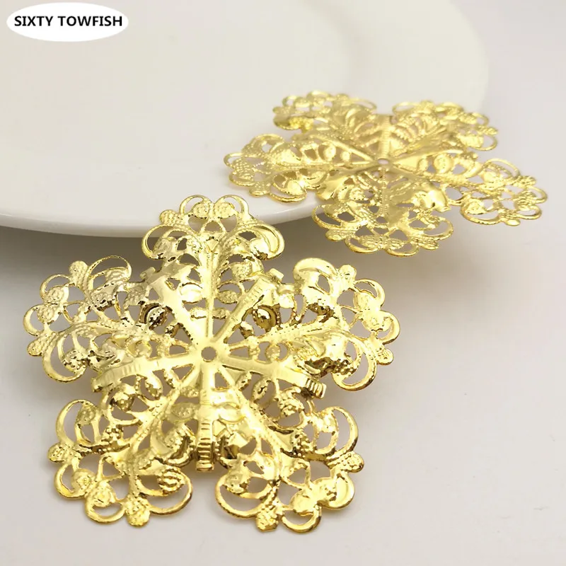 10 PCS 50mm Gold color Metal Filigree Flowers Slice Snowflake Charms Base Jewelry Accessories DIY Components Making