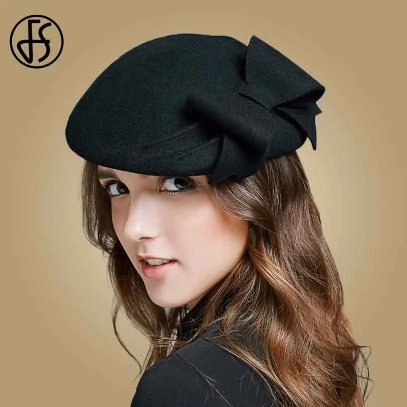 FS Lady Black White Wool French Beret Hat For Women Autumn Winter Vintage Fascinator Bowknot Felt Flat Brim Fedora Hats