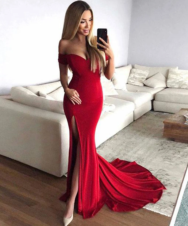 Red Mermaid Bridesmaid Dresses Sexy Cap Sleeve Side Split Floor Length Party Gowns Robe De Soiree Prom Dress Custom Made