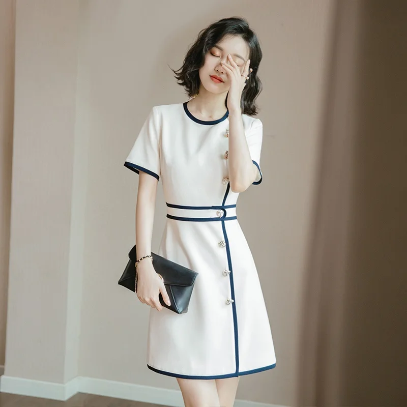 Summer Business Dress For Women Office White Side Button Dress Midi Elegant Ol Korean Style Office Dresses Ladies 2019 DD2136