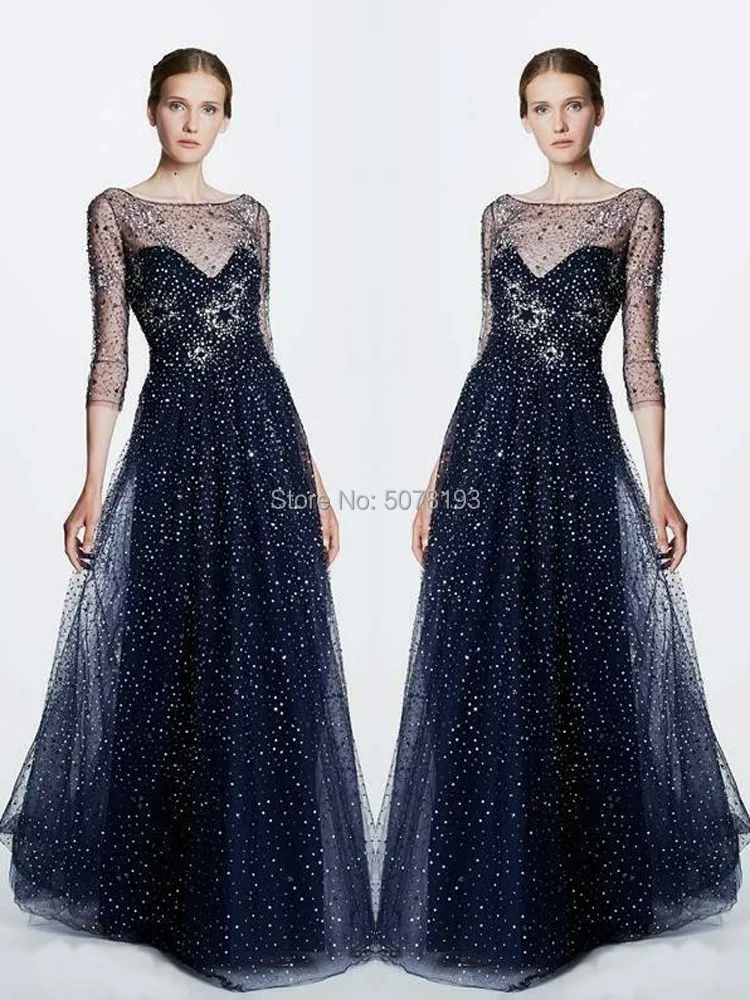 2019 hot sale scoop 3/4 sleeves A-line floor-length tulle evenig dress/gowns zipper&beading free shipping