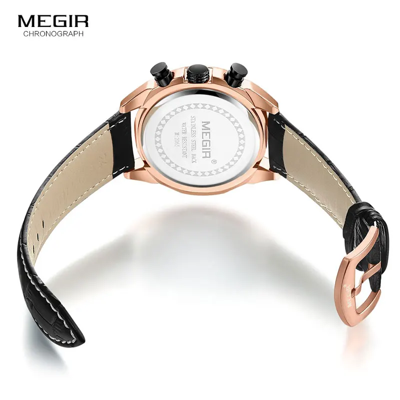 MEGIR Men\'s Fashion Sports Quartz Watches Leather Waterproof Luminous Chronograph Wristwatch Clock Relogios Masculino 2065 Rose