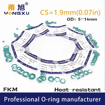 녹색 FKM 불소 고무 O링 씰 개스킷 링 연료 와셔, CS1.9 mm OD5, 6, 7, 8, 9, 10, 11, 12, 13/14x1.9mm, 15 개/로트 