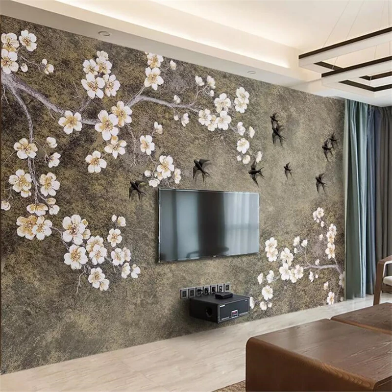 

wellyu Custom wallpaper 3d murals Chinese style retro new Chinese plum swallow TV background wall paper for living room murals